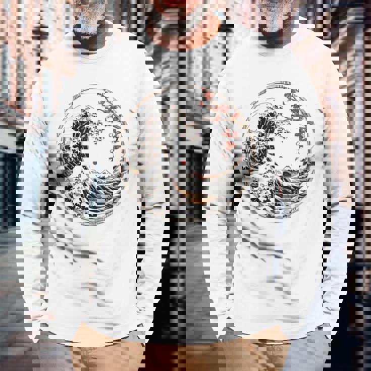 日本 神奈川 波 津波 浮世絵 日本美術 長袖Tシャツ 高齢者への贈り物