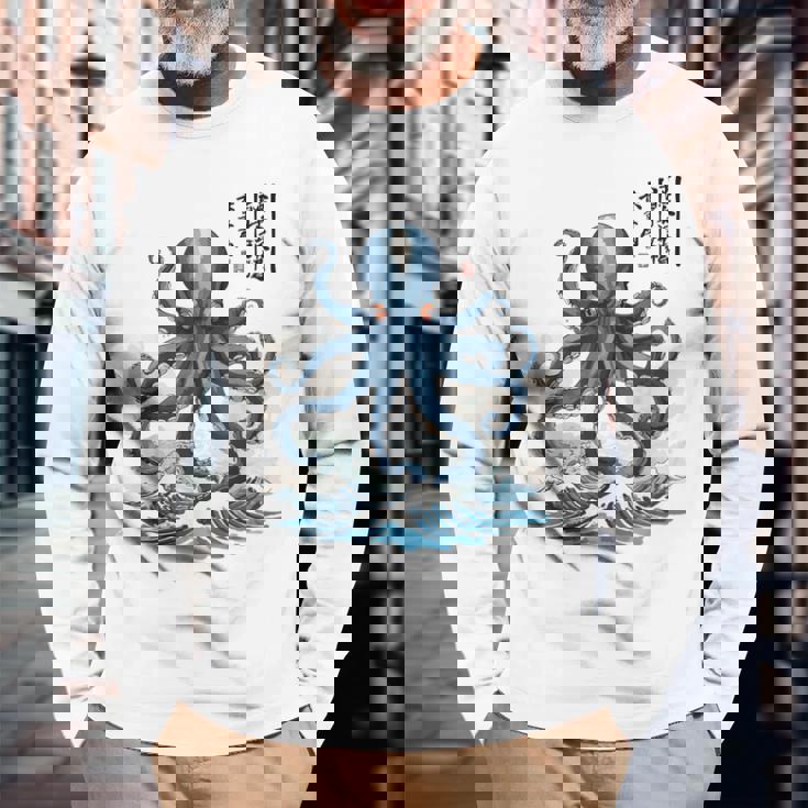 日本のタコ浮世絵 海の美 木版画 長袖Tシャツ 高齢者への贈り物