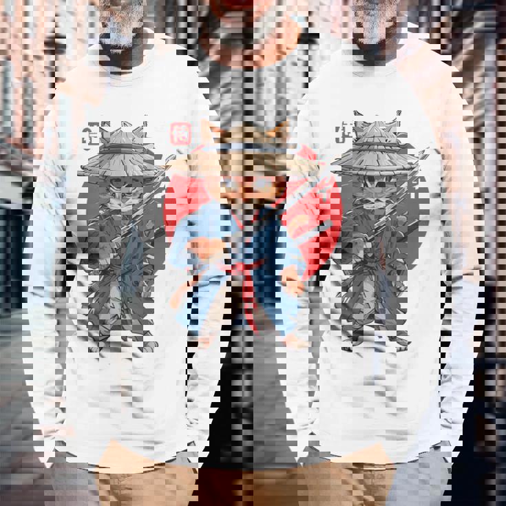 日本の侍 猫戦士 浮世侍 バックプリント 長袖Tシャツ 高齢者への贈り物