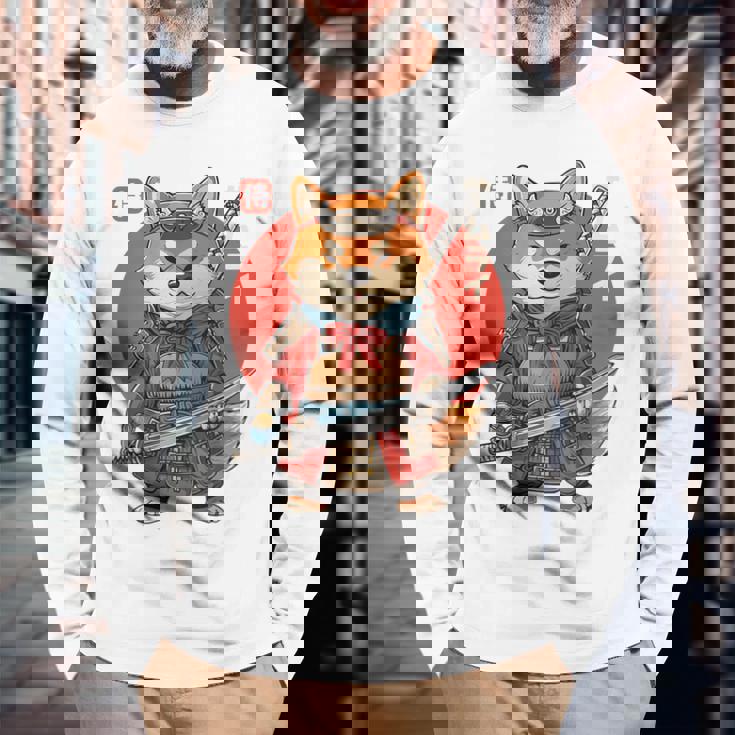 日本の侍犬 柴戦士 浮世サムライ バックプリント 長袖Tシャツ 高齢者への贈り物