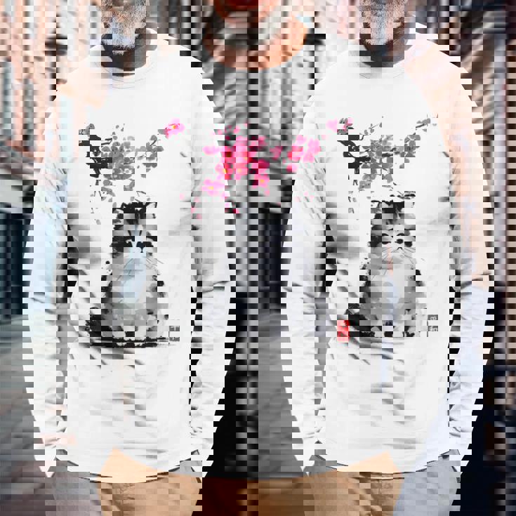 日本の墨絵マンチキン猫 桜 桜アート 長袖Tシャツ 高齢者への贈り物