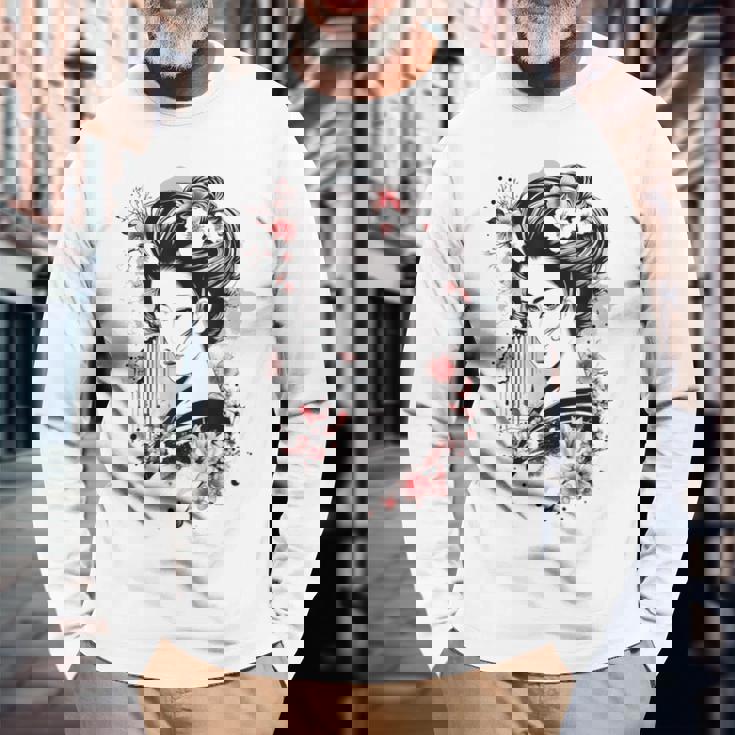 日本の芸者アートグラフィックtシャツ メンズ レディース キッズ 長袖Tシャツ 高齢者への贈り物