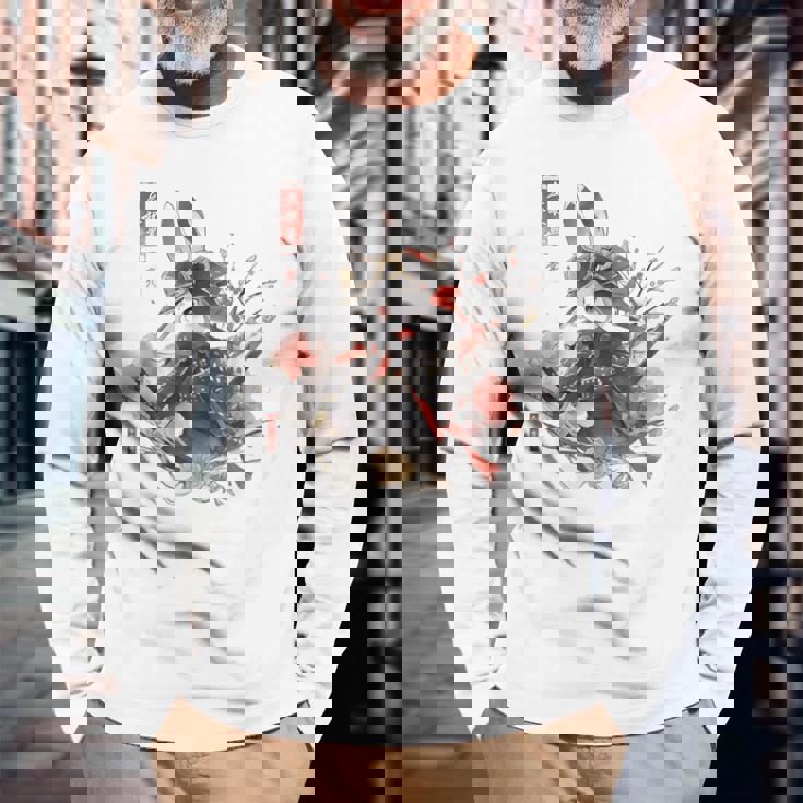 日本アート うさぎ 忍者 浮世絵 アニメスタイル サムライラビット 長袖Tシャツ 高齢者への贈り物