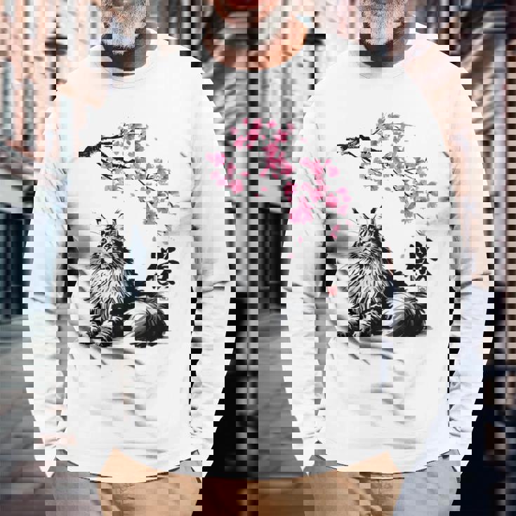 日本美術 メインクーン 猫 桜 桜 長袖Tシャツ 高齢者への贈り物