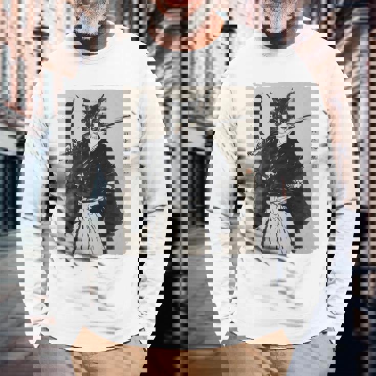 日本美術 猫 忍者 浮世絵 アニメ風 侍猫 長袖tシャツ 長袖Tシャツ 高齢者への贈り物