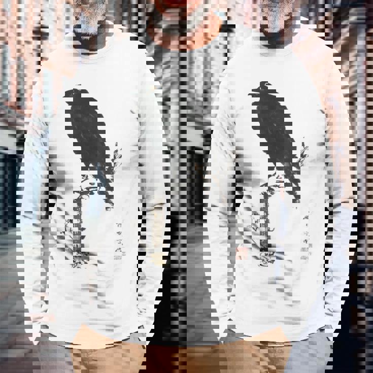 日本美術、浮世絵、河鍋暁斎、カラス 、レトロ、日本文化 長袖Tシャツ 高齢者への贈り物