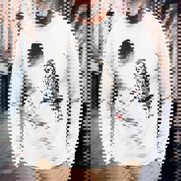 日本製 墨絵 ふくろう アート 墨筆 絵 漢字 知恵 – 日本文化デザイン 長袖Tシャツ 高齢者への贈り物