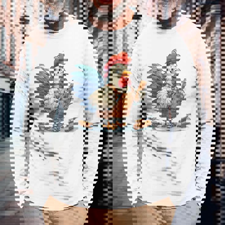 木彫りの鶏、かわいいデザイン 長袖Tシャツ 高齢者への贈り物