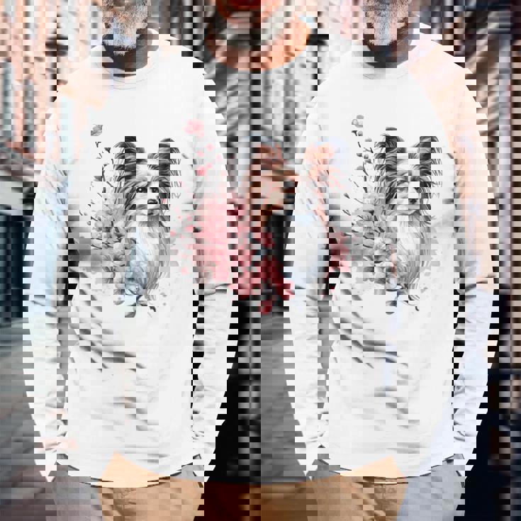 桜 水彩パピヨン 長袖Tシャツ 高齢者への贈り物