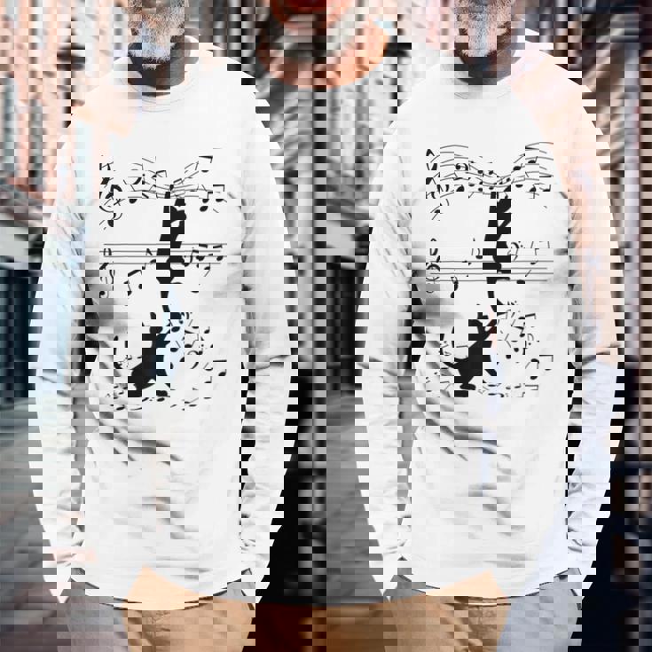 楽譜で遊ぶ面白い猫 長袖Tシャツ 高齢者への贈り物