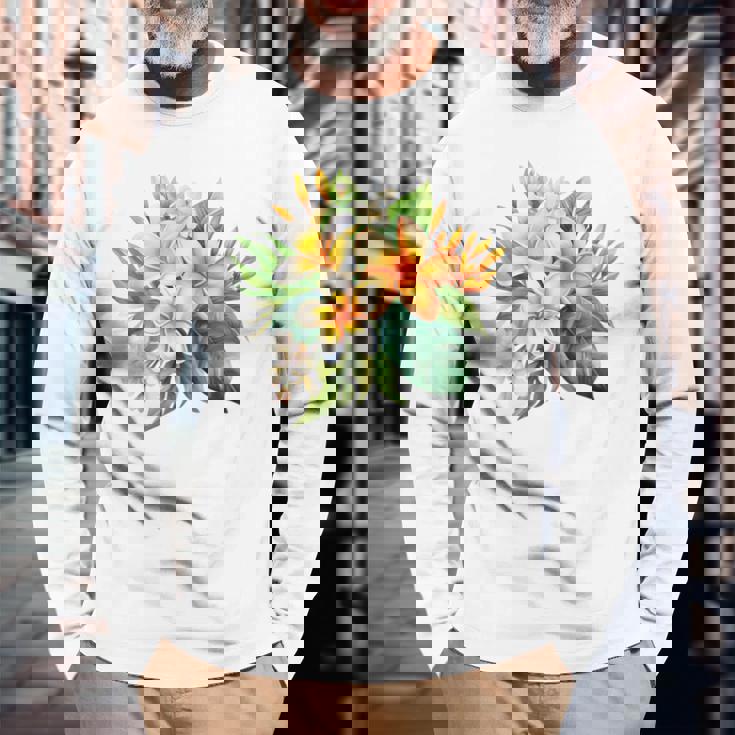 水彩 プルメリア ブーケ シャツ ハワイアン トロピカル フローラル 長袖Tシャツ 高齢者への贈り物