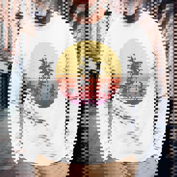 涼しい 夏休み メンズ レディース サンセット ビーチ ヤシの木 長袖Tシャツ 高齢者への贈り物