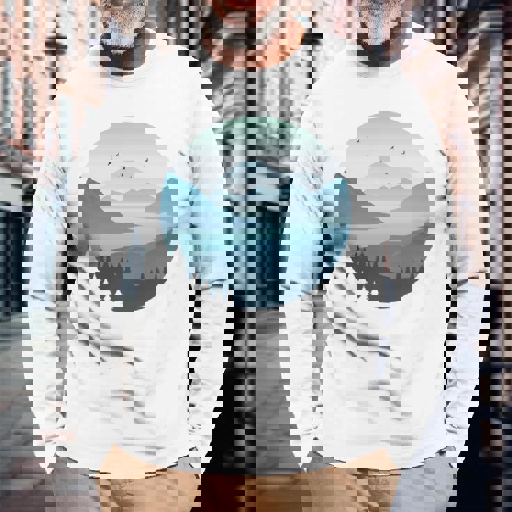 湖 森 風景 山 シルエット 長袖tシャツ 長袖Tシャツ 高齢者への贈り物