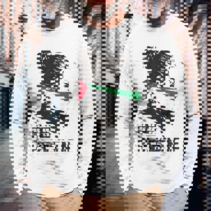 無料パレスチナ国旗 ガザの終わり占領 パレスチナ語 長袖Tシャツ 高齢者への贈り物