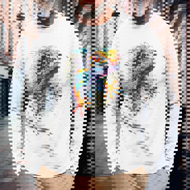 爬虫類とカラフルなヤモリ 長袖Tシャツ 高齢者への贈り物