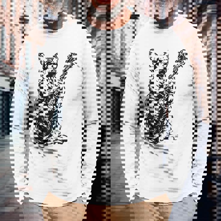 犬 ギタリスト ギター ペンブローク ウェールズ コーギー パパ ママ 長袖Tシャツ 高齢者への贈り物