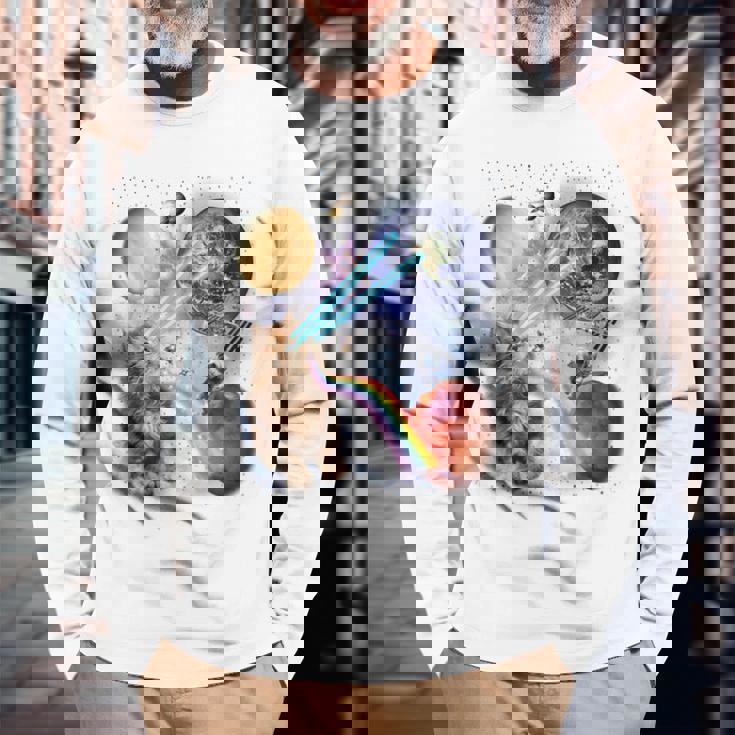 猫 ねこ 宇宙 惑星 長袖Tシャツ 高齢者への贈り物