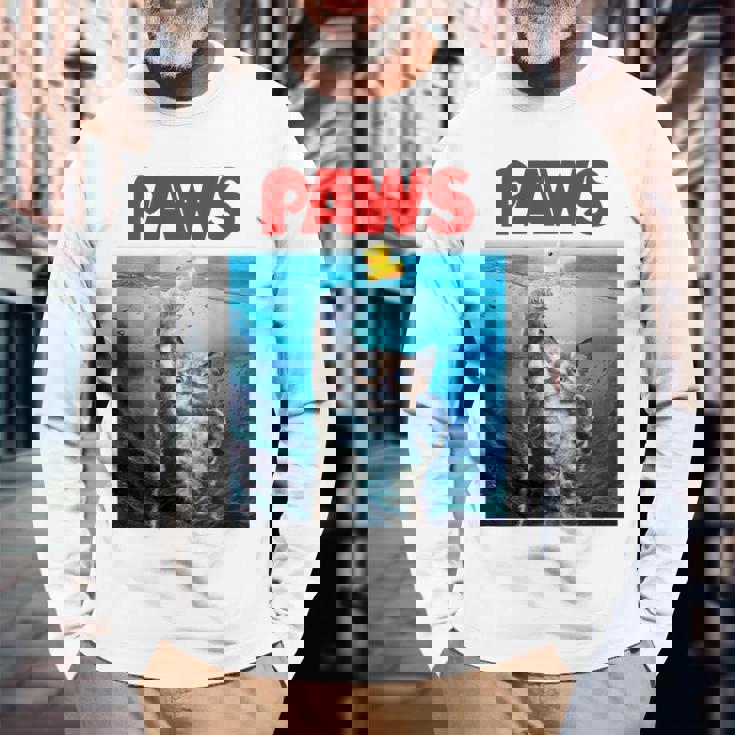 猫 ねこ 海 Paws アヒル 長袖Tシャツ 高齢者への贈り物