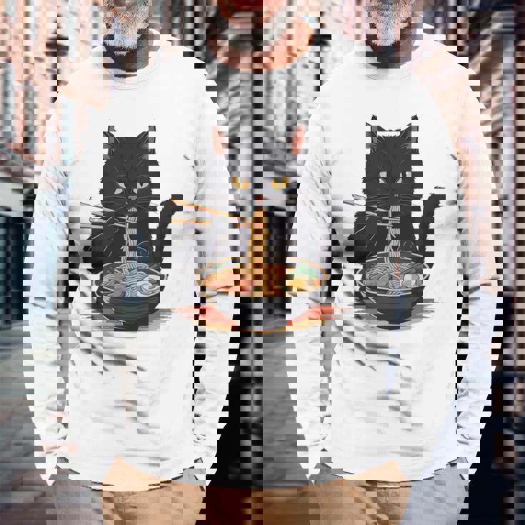 猫 ラーメン グラフィック 日本語 カワイイ アニメ 面白い ラーメン 猫 長袖tシャツ 長袖Tシャツ 高齢者への贈り物