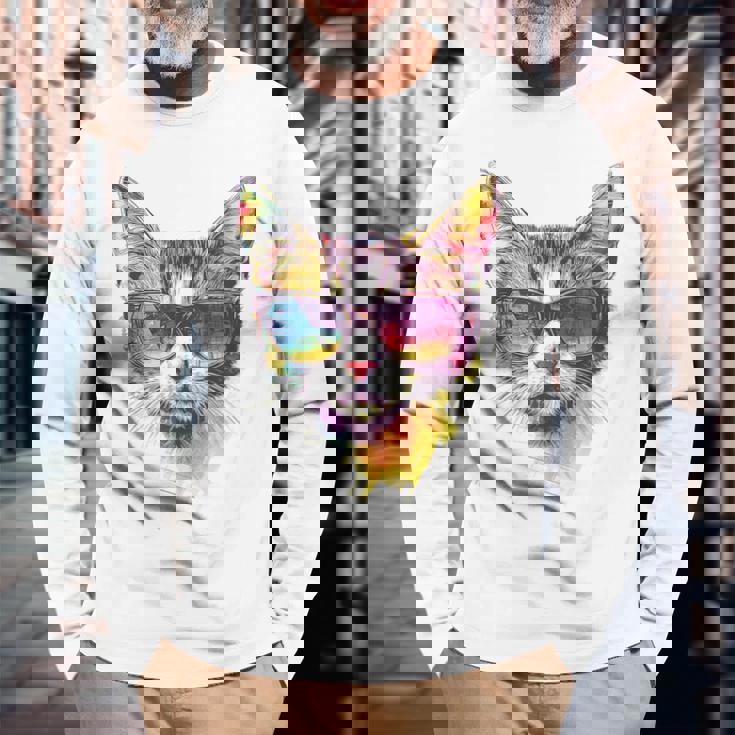 猫 動物 抽象 モチーフ サングラス イラスト アート ネコ 長袖Tシャツ 高齢者への贈り物