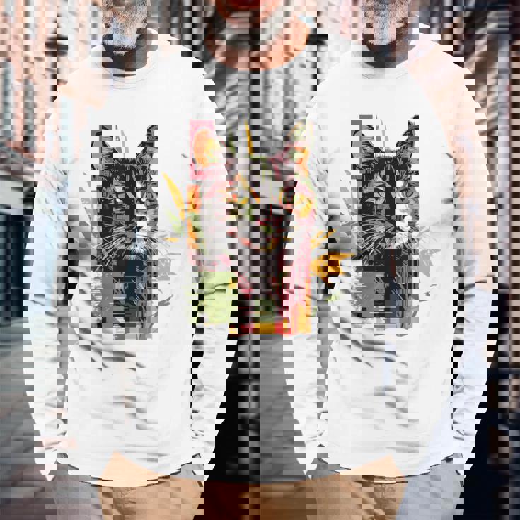 猫 抽象的 かわいい アート ポートレート 動物 恋人 グラフィック 猫 長袖Tシャツ 高齢者への贈り物