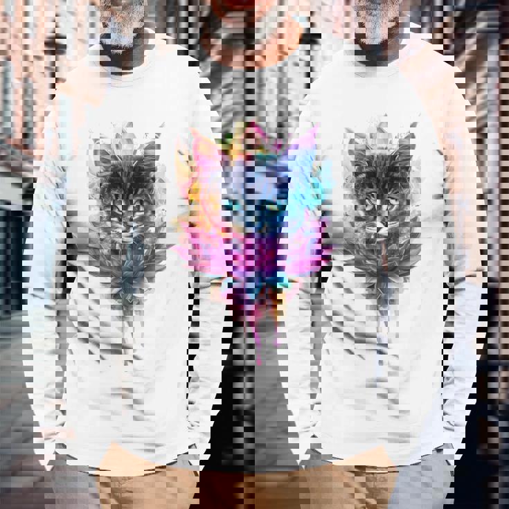 猫 花 カラフル かわいい アート 動物好き グラフィック 猫 長袖Tシャツ 高齢者への贈り物