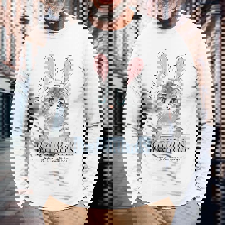 猫 面白い ネコ 可愛い うさぎ 猫好きにお勧め うさ耳ねこ 長袖Tシャツ 高齢者への贈り物