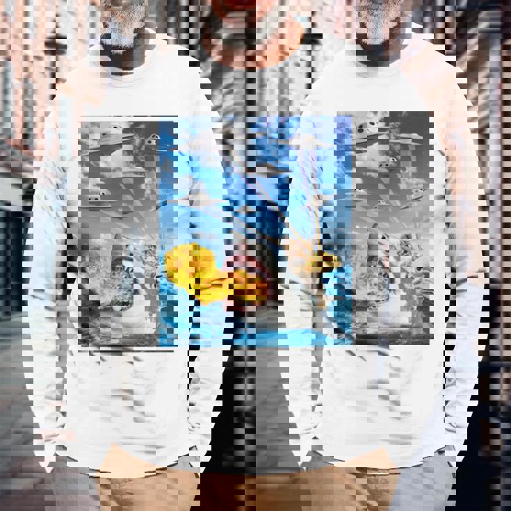 猫に乗って火を吐くサメレインボーレーザータコス 長袖tシャツ 長袖Tシャツ 高齢者への贈り物