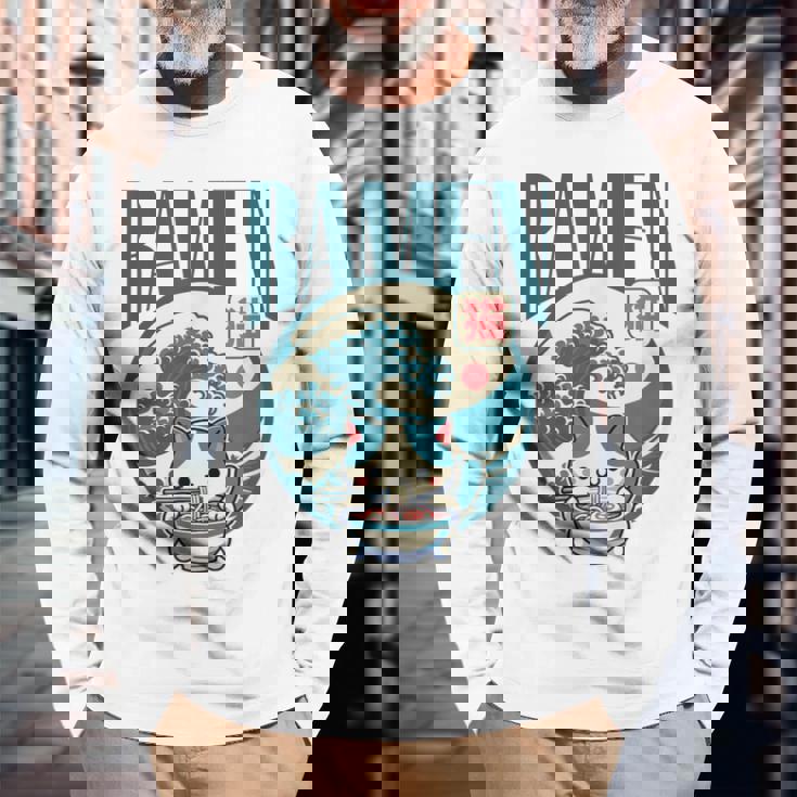 猫食べるラーメン キッズ&大人、日本の神奈川波ラーメン 長袖Tシャツ 高齢者への贈り物