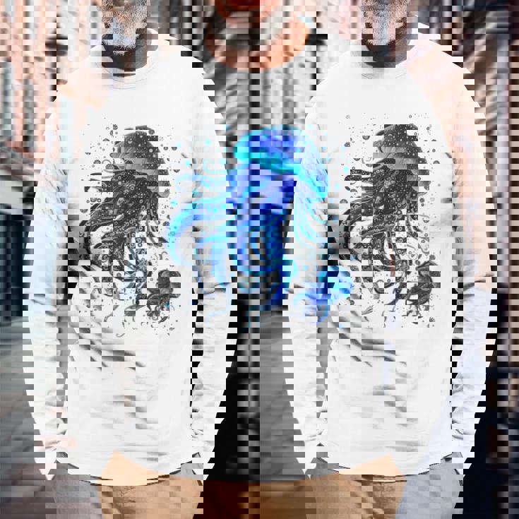 生物発光と水中世界クラゲ 長袖Tシャツ 高齢者への贈り物