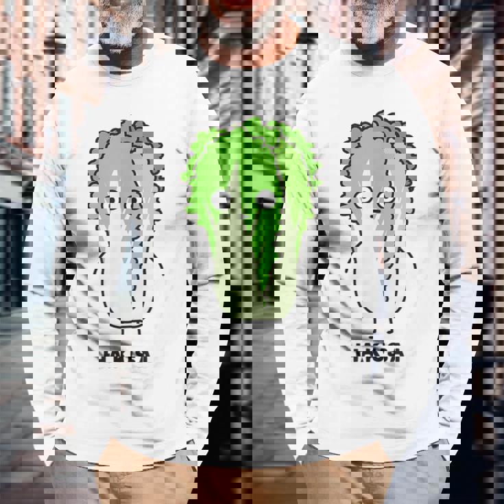 白菜 ハクサイ 顔 イラスト かわいい おもしろ 面白い 簡単 シンプル ゆるい 野菜 長袖Tシャツ 高齢者への贈り物