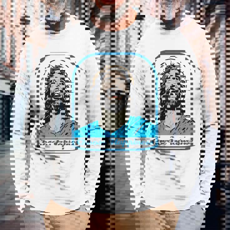 笑うイエス キリスト 喜び 幸せな笑顔 自信 いばらの冠 満足感 クリスマスプレゼント 贈り物 お土産 ポジティブ 長袖Tシャツ 高齢者への贈り物