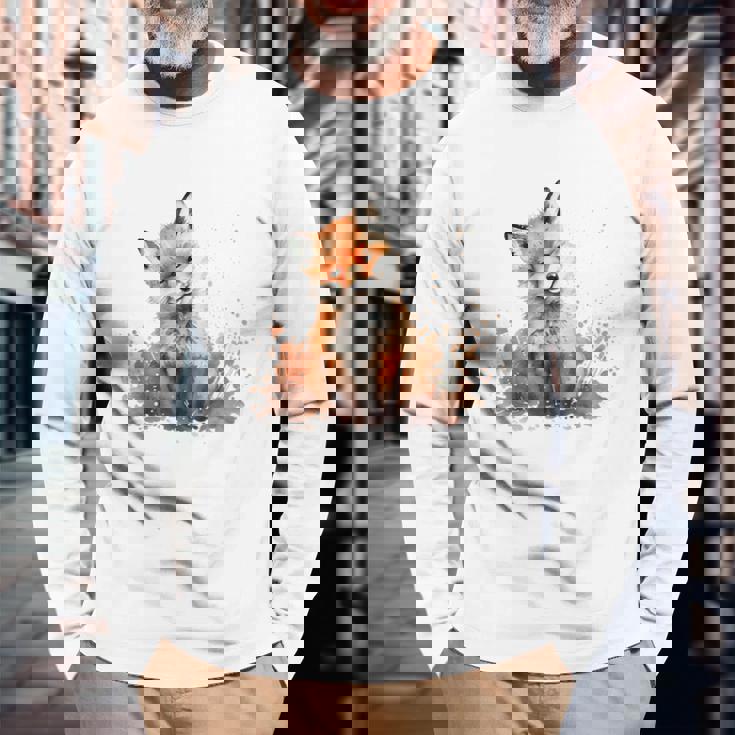 笑顔 水彩 キツネ 森林 動物 長袖Tシャツ 高齢者への贈り物