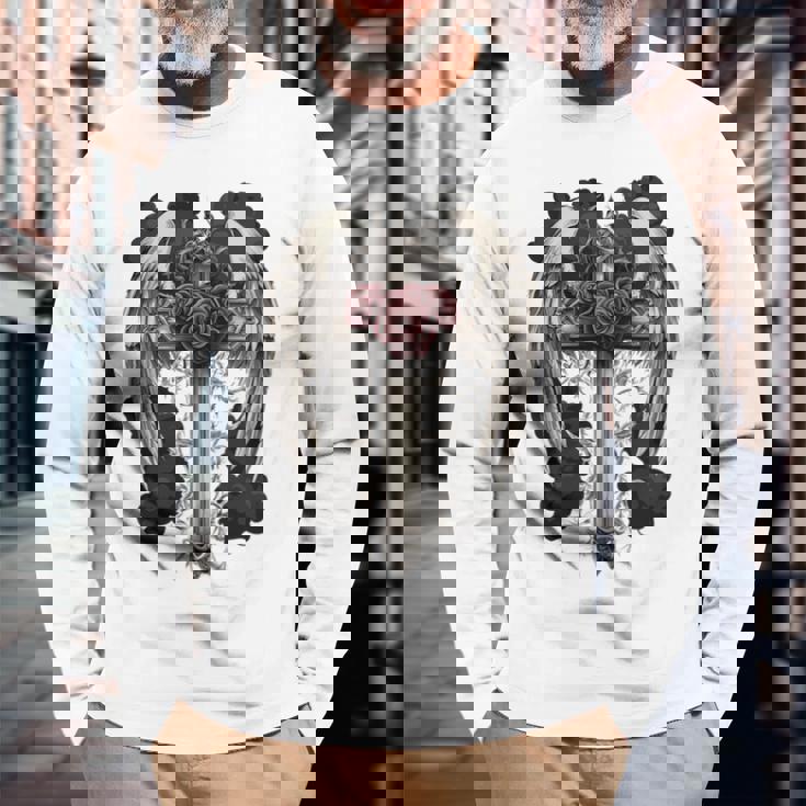 翼とバラのゴシック・クロス 長袖tシャツ 長袖Tシャツ 高齢者への贈り物