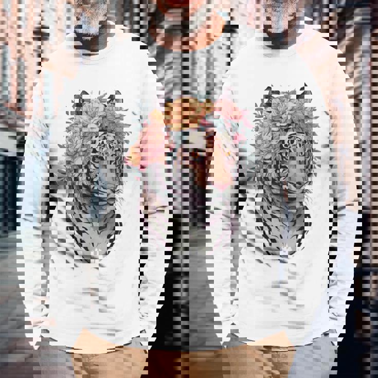 花柄 水彩 虎 花 王冠 虎好き 長袖Tシャツ 高齢者への贈り物