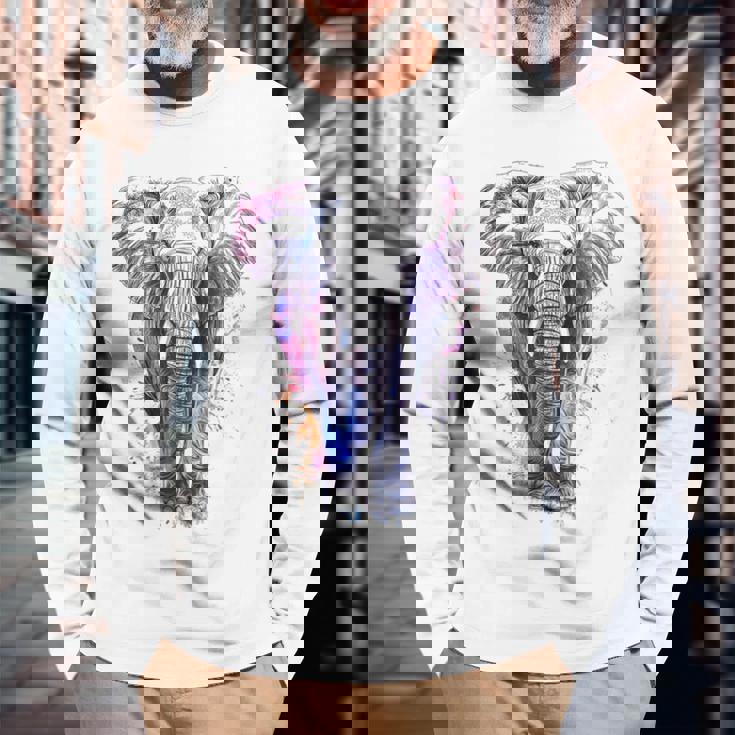 象 抽象画 モチーフ 動物 恋人 アート 象 長袖Tシャツ 高齢者への贈り物