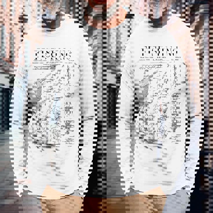 釣り ロッド タックル リール ルアー フィッシャーマン ヴィンテージ 特許 プリント 長袖Tシャツ 高齢者への贈り物