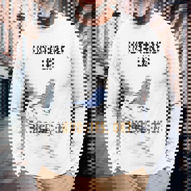 青いセキセイインコ、面白いことわざ、楽しい、セキセイインコ 長袖Tシャツ 高齢者への贈り物