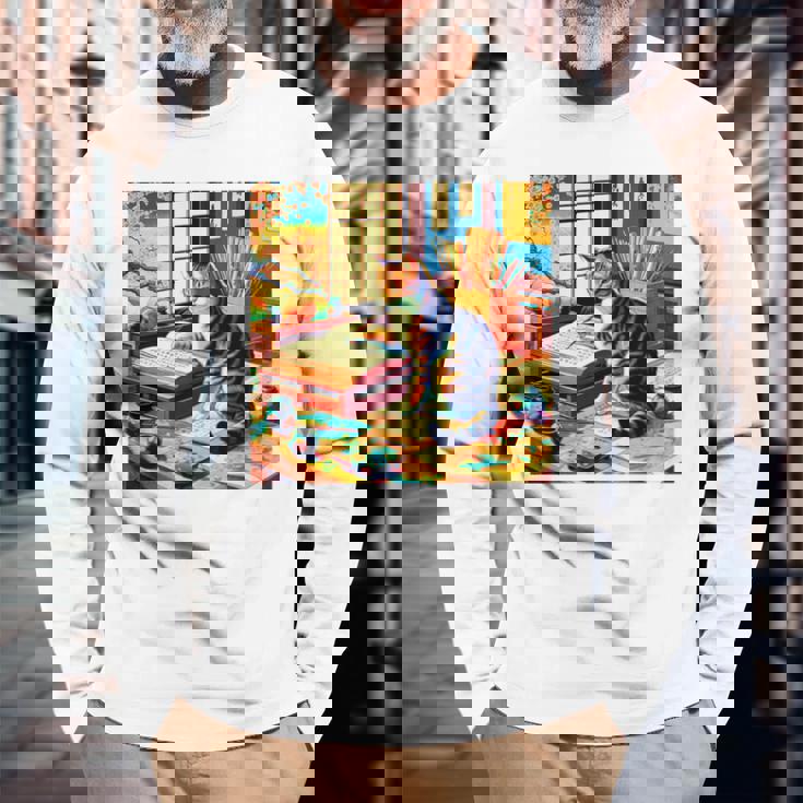 面白いtシャツ 猫 ネコ 読書 勉強 メンズ 猫好き グッズ おもしろ 面白い 服 ネタ 猫の下僕 浮世絵 長袖tシャツ 長袖Tシャツ 高齢者への贈り物