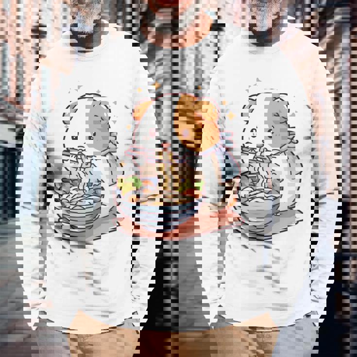 面白いモルモット 箸でラーメンを食べる アニメ 長袖tシャツ 長袖Tシャツ 高齢者への贈り物