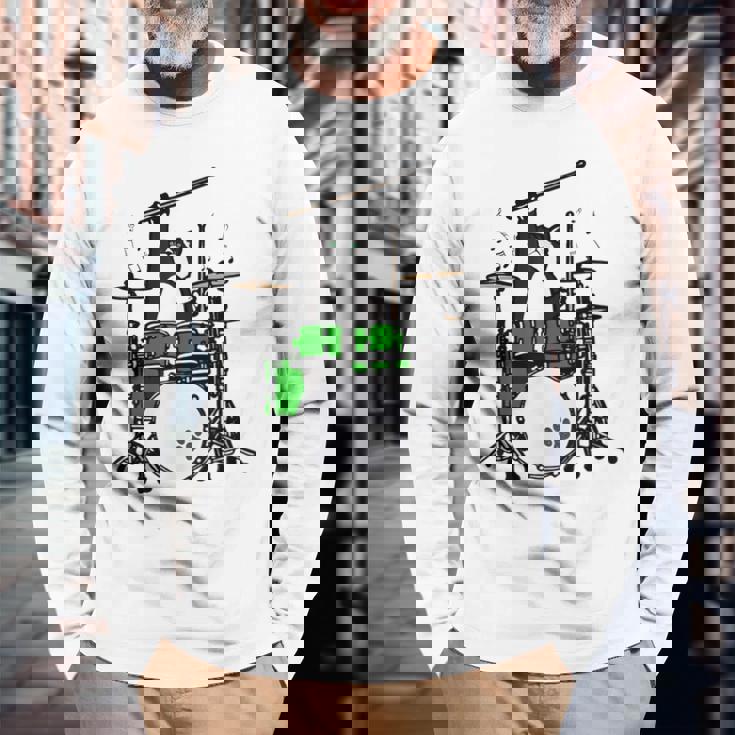 面白い猫 ドラム 猫 ドラマー 面白い ドラム 猫 長袖Tシャツ 高齢者への贈り物