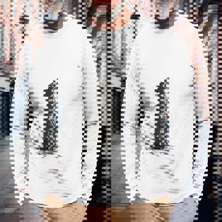 飼い主を見ているボーダーコリー 農場の犬 長袖Tシャツ 高齢者への贈り物