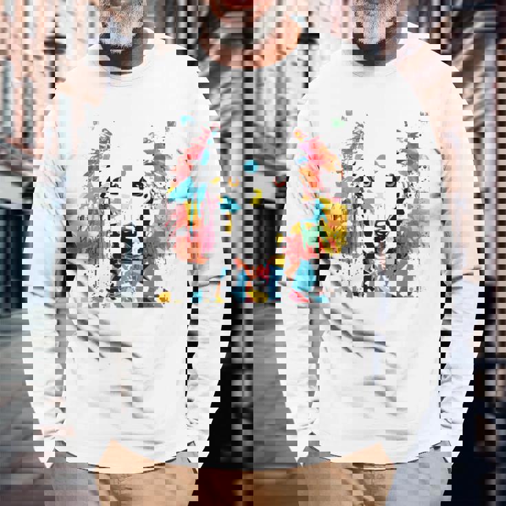 鮮やかな犬のアート スプラッシュカラー 抽象画 長袖Tシャツ 高齢者への贈り物