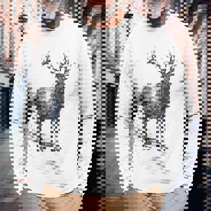 鹿 動物 プリント モチーフ 図面 イラスト ポートレート 鹿 長袖Tシャツ 高齢者への贈り物