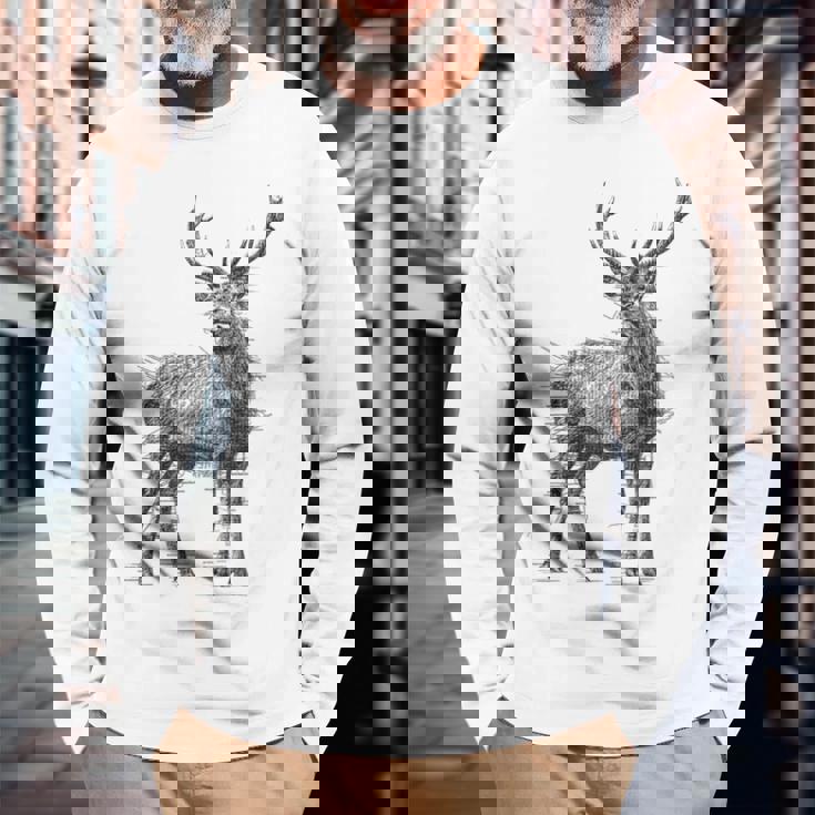 鹿 絵 グラフィック 動物 アート モチーフ 鹿 長袖Tシャツ 高齢者への贈り物