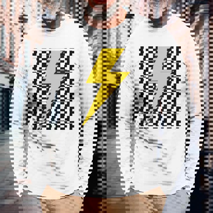 黄色の稲妻チェッカー審美的レーシング 長袖tシャツ 長袖Tシャツ 高齢者への贈り物