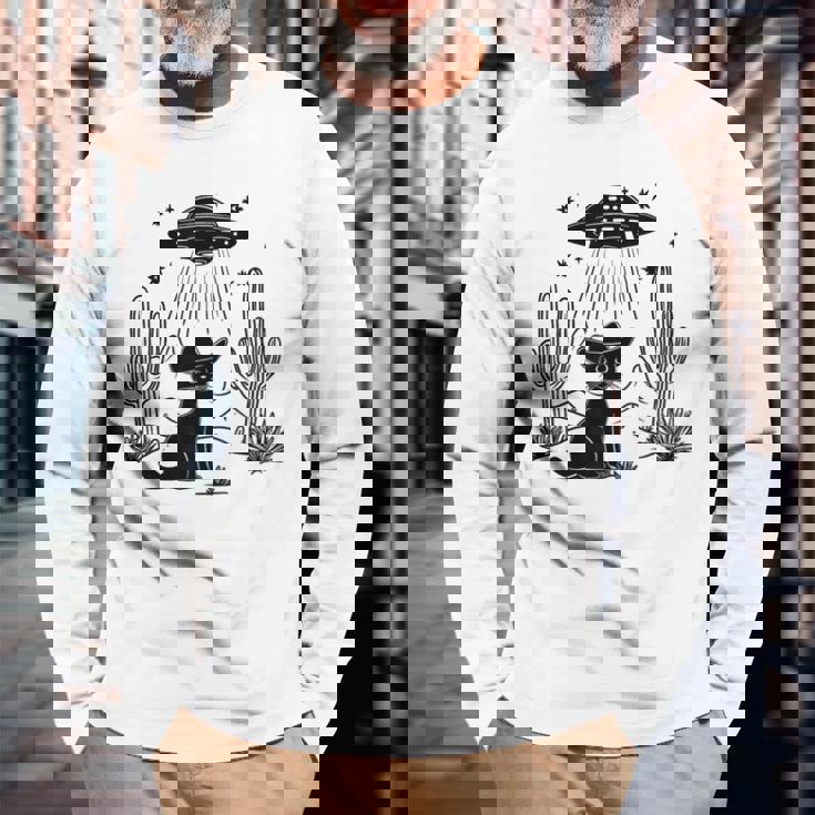 黒猫 カウボーイハット ウェスタン Ufo エイリアン 面白い かわいい 長袖Tシャツ 高齢者への贈り物