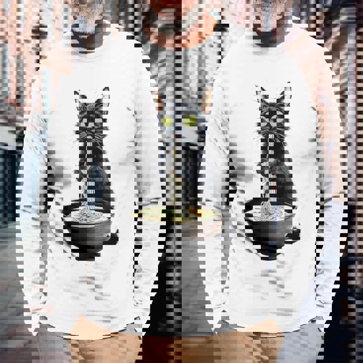 黒猫 ラーメン 麺 和食 長袖Tシャツ 高齢者への贈り物