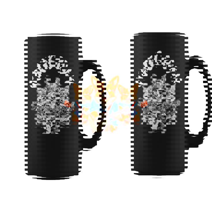 Corgis Rock かわいいコーギー犬トリオ ロックアウト ギターを弾く コーヒーマグ