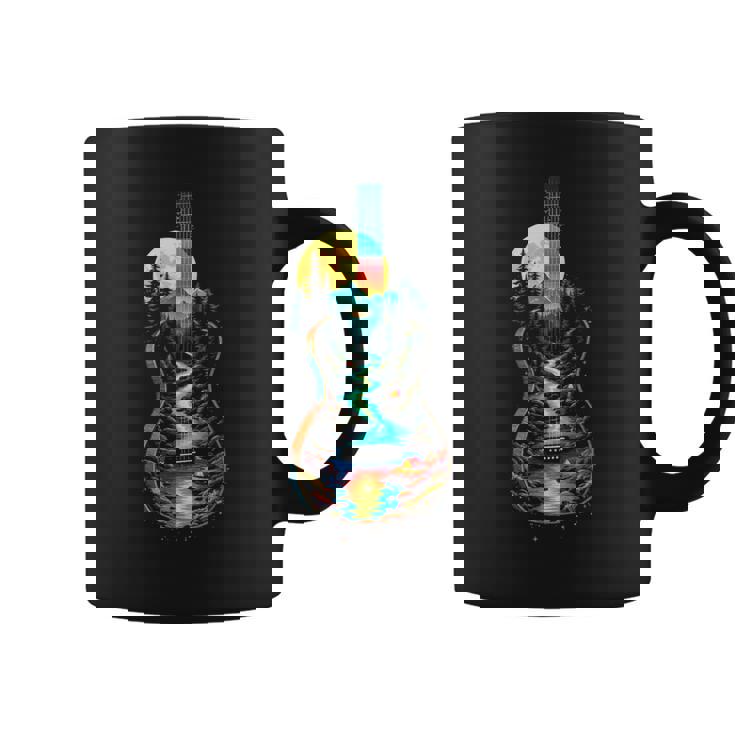 Guitar Lake Reflections Forest Pine Tree Moon Camp Guitarist Coffee Mug